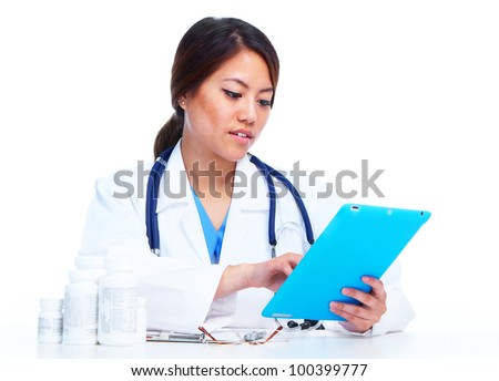 Chinese medical doctor woman with tablet computer. Isolated on white background.