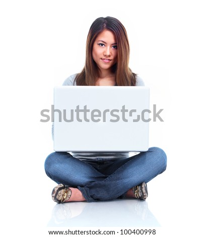 Student with laptop computer. Isolated on white background.