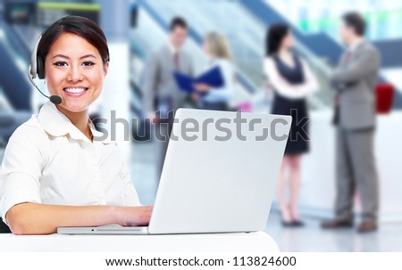Call center operator business woman with laptop computer.