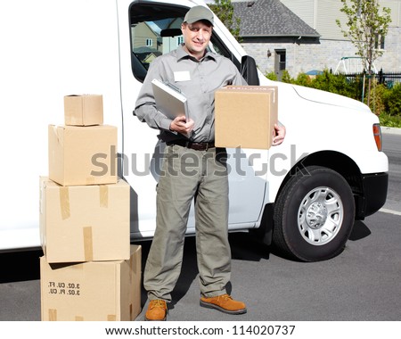 Happy professional shipping courier. Delivery postal service.