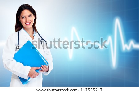 Smiling medical doctor woman. Health care background.
