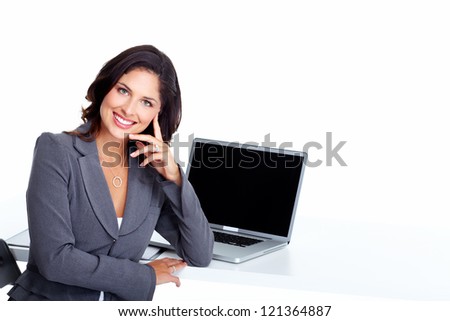 Business woman with laptop computer isolated on white background