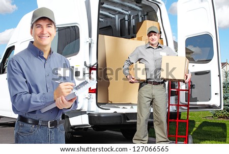 Group of professional post workers. Delivery service.