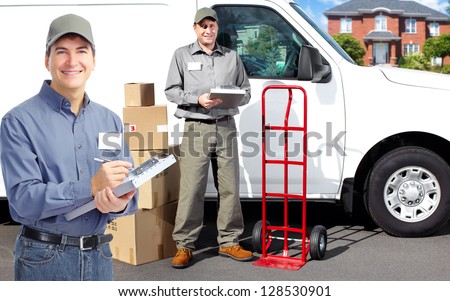 Group of professional post workers. Delivery service.