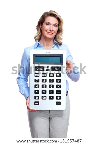 Accountant business woman with a calculator. Isolated on white background.