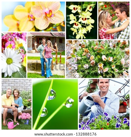 Gardening people with flowers and plants. Collage background.