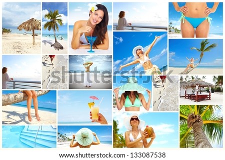 Beautiful woman in bikini relaxing on the beach. Exotic resort.
