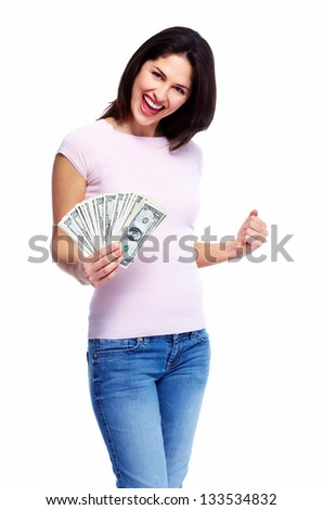 Happy woman with money. Isolated on white background.
