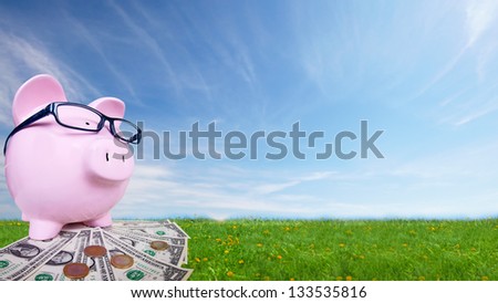 Piggy bank with money. Saving account concept background.