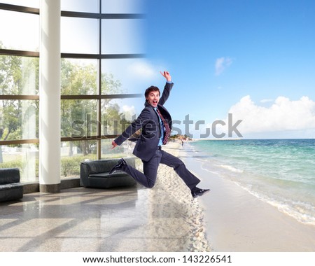Businessman Running On The Beach. Summer Vacation.