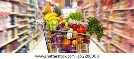 Full Shopping Grocery Cart In Supermarket.