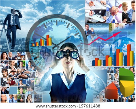 Business collage background. Businessman spying competitors with binoculars.