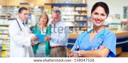 Smiling Medical Doctor Woman With Stethoscope. Pharmacy.