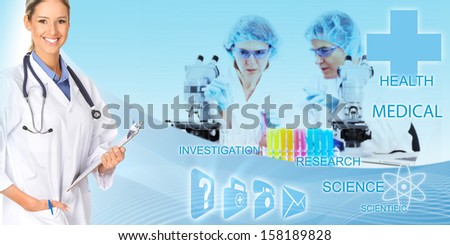 Smiling family doctor woman with stethoscope. Healthcare collage.
