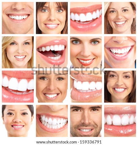 People teeth collage. Man and woman portrait isolated.