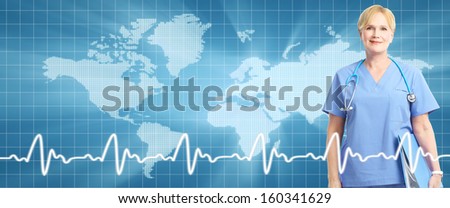 Smiling doctor woman. Health care banner with copyspace.