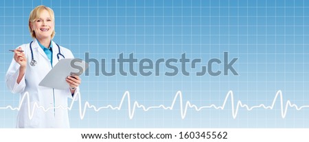 Healthcare background. Smiling friendly medical doctor woman.