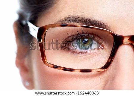 Eyeglasses. Woman wearing eyeglasses. Optometrist background.