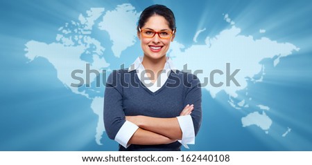 Business collage background. Business woman banner with map.