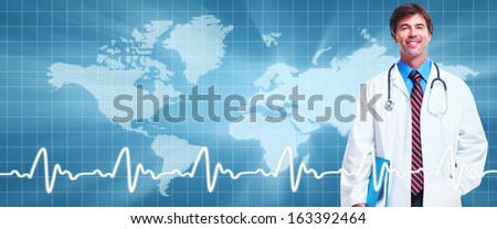 Professional doctor man over blue healthcare background.