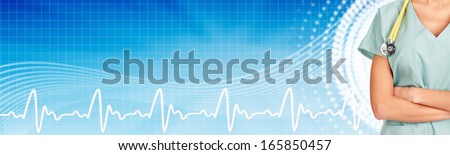 Family doctor woman with stethoscope. Healthcare banner.