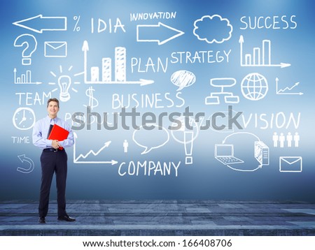 Businessman standing near Innovation plan. Success strategy background.