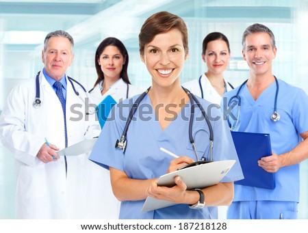 Group of medical doctors over hospital background