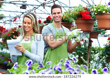 People working in nursery. Gardening background.