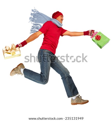 Happy running man with Xmas gifts isolated white background
