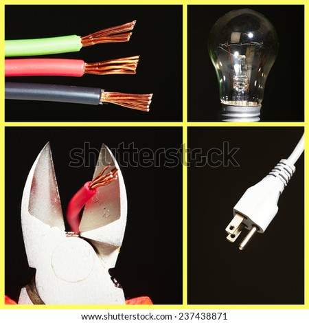 Collage of electrical instruments tools. Tools of electrician.