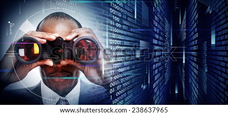 Black Man with binoculars on techno background