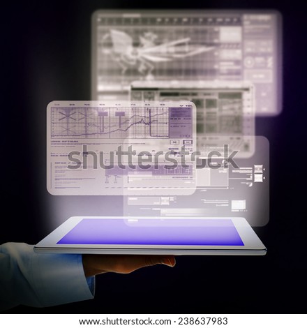 Hand with tablet computer. web technology abstract background