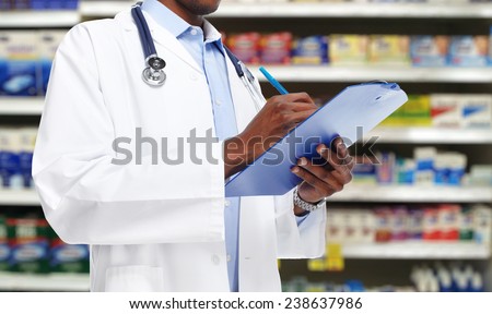 African-American black doctor man over blue background.
