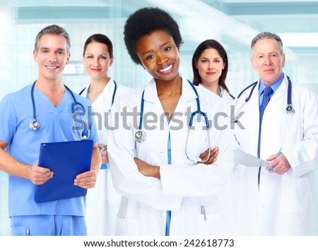 African-American black doctor woman and medical group