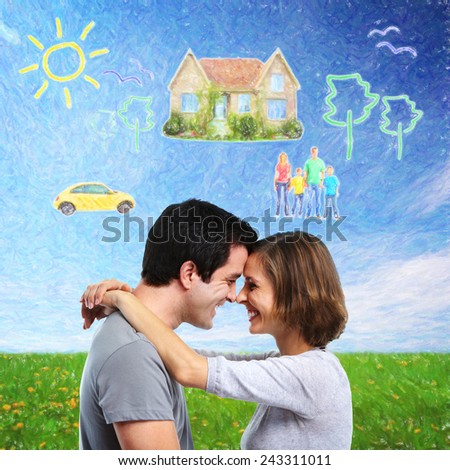 Couple thinking about new home and car. Mortgage background.