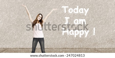 Positive happy woman on abstract design background.