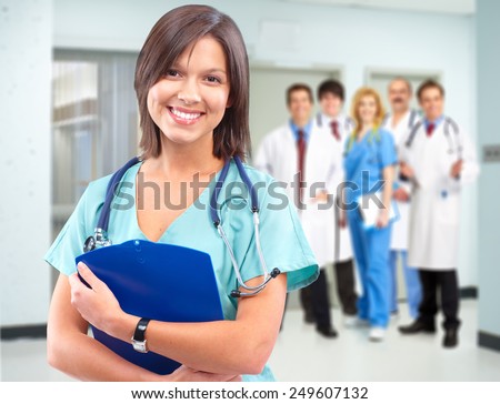 Medical doctor woman over health care background