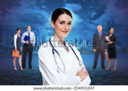 Medical doctor  woman and group of business people.