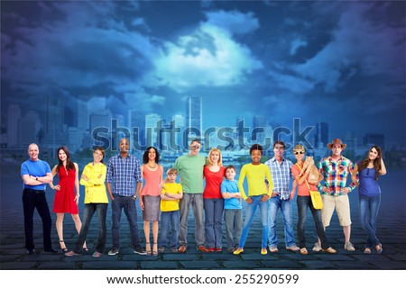 Large smiling People group over urban background.