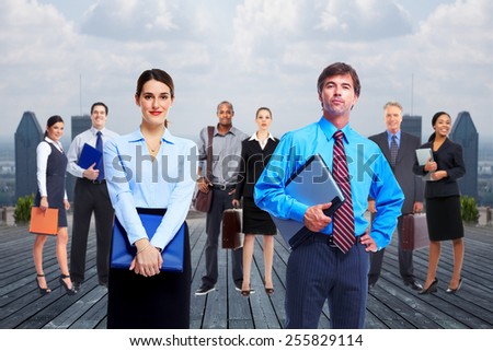 Group of business people team over urban background