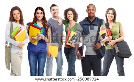 Young smiling students portrait isolated on white background.