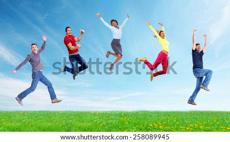 Happy running and jumping people group. Summer vacation.