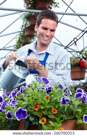 Gardening people. Florist working with flowers in greenhouse.