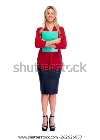 Woman in red blouse isolated over white background.
