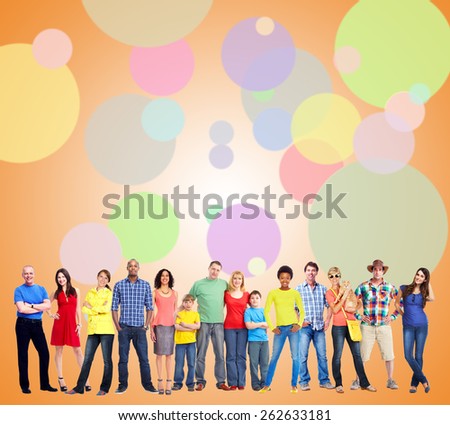 Large smiling People group near colorful background.