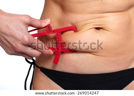 Woman measuring fat belly. Overweight and weight loss concept.