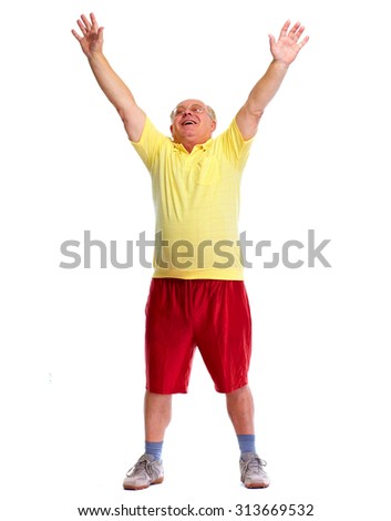 Happy cheerful elderly man dancing and jumping isolated white background.
