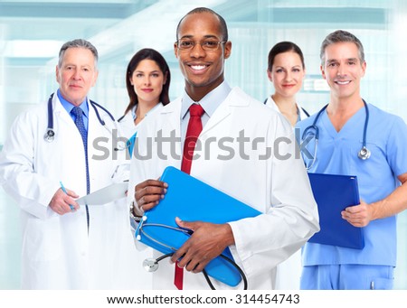 Medical physician doctor man and group of business people.