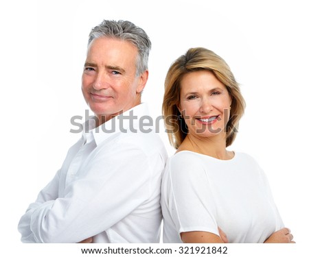 Happy smiling elderly couple isolated white background.