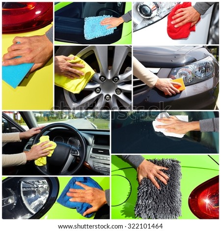 Hand with cloth washing a car. Waxing and polishing collage.